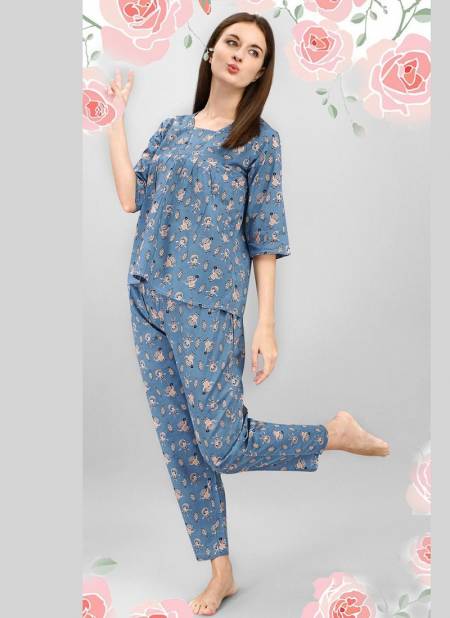 Blue Colour MESMORA MF Night Wear Cotton Top With Bottom Heavy Night Suit Collection 2542